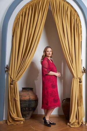 Çiçek Desenli V Yaka Büyük Beden Günlük Elbise Fuşya - 5