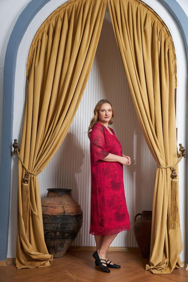 Çiçek Desenli V Yaka Büyük Beden Günlük Elbise Fuşya - 5