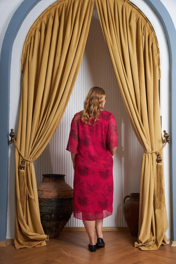 Çiçek Desenli V Yaka Büyük Beden Günlük Elbise Fuşya - 6