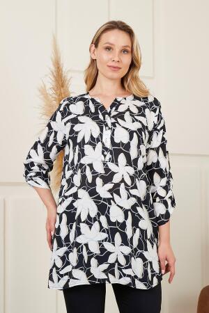 Çiçek Desenli Vual Viskon Büyük Beden Siyah Tunik - RMG