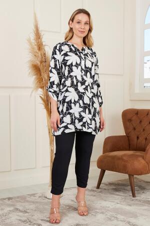 Çiçek Desenli Vual Viskon Büyük Beden Siyah Tunik - 5