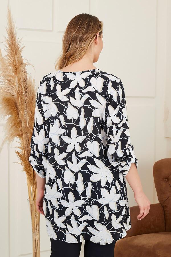 Çiçek Desenli Vual Viskon Büyük Beden Siyah Tunik - 6