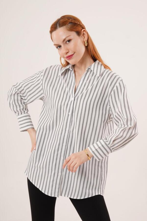 Çift Çizgi Geçişli Düğmeli Gri Gömlek - 1