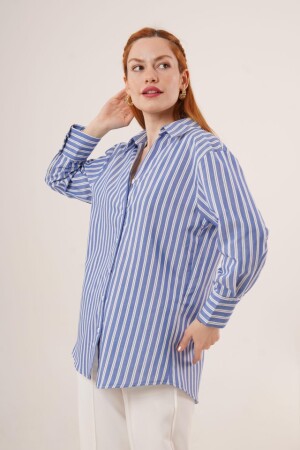 Çift Çizgi Geçişli Düğmeli Mavi Gömlek - ANGELINO BuyukBedeniz