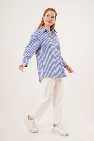 Çift Çizgi Geçişli Düğmeli Mavi Gömlek - ANGELINO BuyukBedeniz (1)