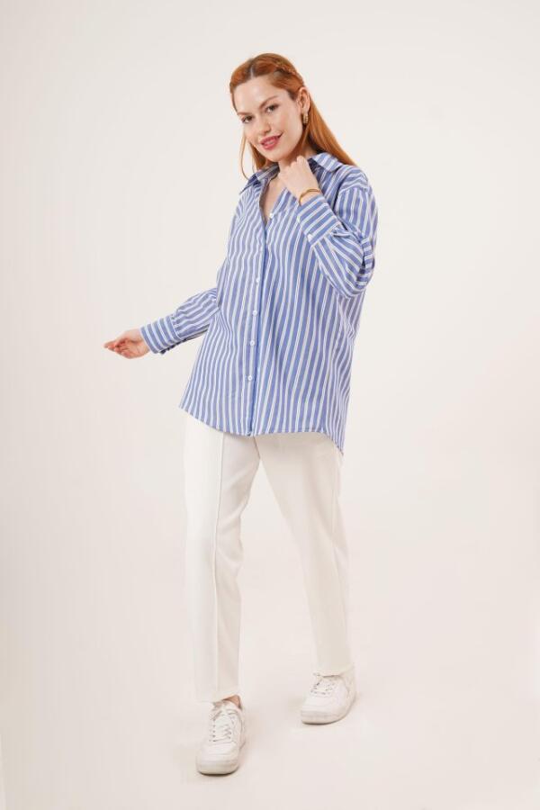 Çift Çizgi Geçişli Düğmeli Mavi Gömlek - 4