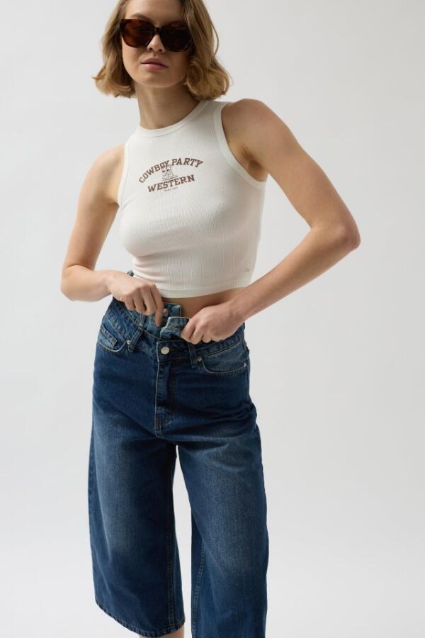 Çift Kemerli Bermuda Denim Şort - 1