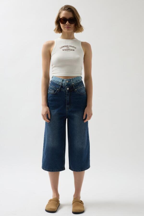 Çift Kemerli Bermuda Denim Şort - 2