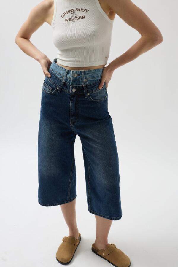 Çift Kemerli Bermuda Denim Şort - 3