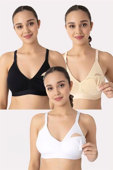 Çıkarılabilir Pedli Emzirme Sütyeni 3'lü Beyaz Siyah Ten Pamuklu Göğüs Ucu Belli Etmez - 1
