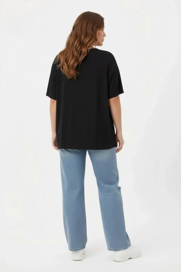 Çilek Desenli Taş İşlemeli Büyük Beden Tişört Siyah - 6