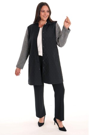 Black Quilted Coat with Snap Buttons - 3