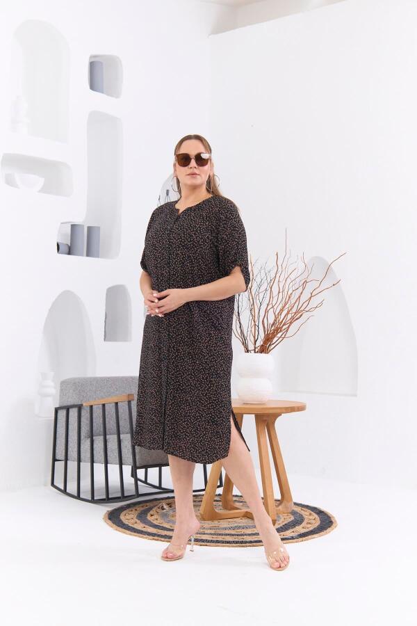 Çıtır Çiçek Desenli Büyük Beden Siyah Elbise - 2