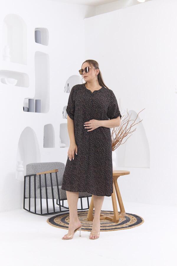 Çıtır Çiçek Desenli Büyük Beden Siyah Elbise - 3