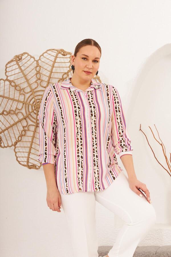 Çizgi Desenli Vual Viskon Büyük Beden Fuşya Gömlek - 2