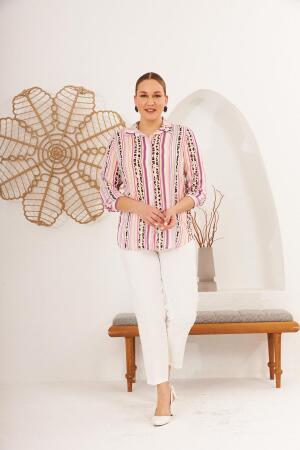 Çizgi Desenli Vual Viskon Büyük Beden Fuşya Gömlek - 4