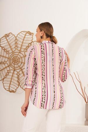 Çizgi Desenli Vual Viskon Büyük Beden Fuşya Gömlek - 5