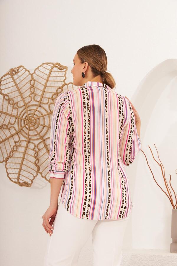 Çizgi Desenli Vual Viskon Büyük Beden Fuşya Gömlek - 5