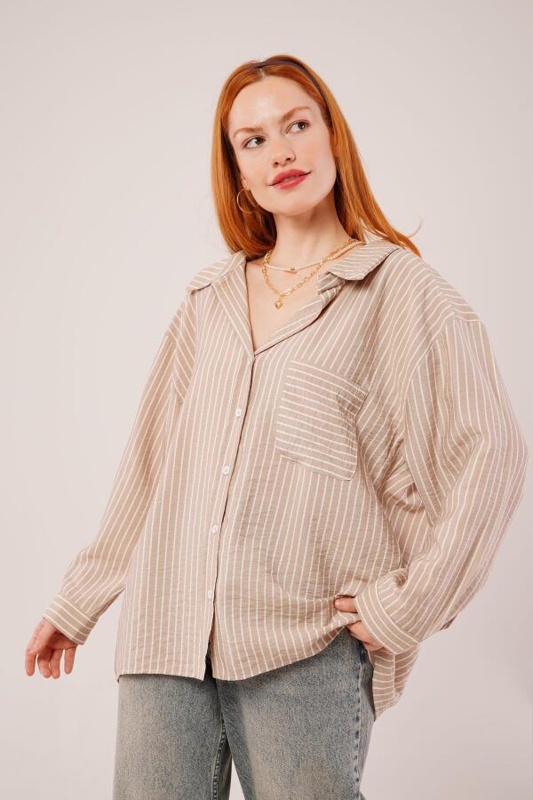 Çizgi Detaylı Cepli Camel Gömlek - 1