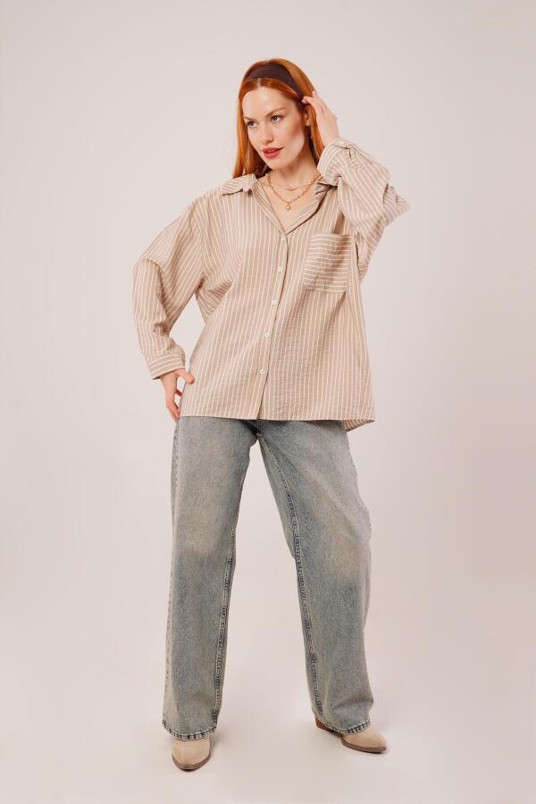 Çizgi Detaylı Cepli Camel Gömlek - 2