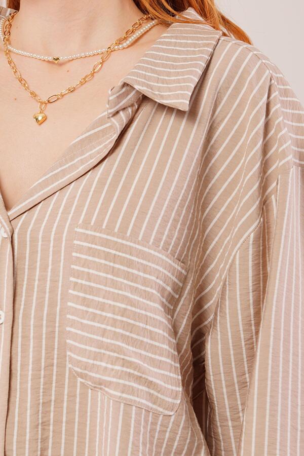 Çizgi Detaylı Cepli Camel Gömlek - 3