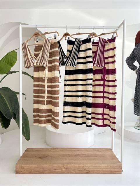 Çizgili Bikini Üst Ve Etek Triko Takım 10110 - 9