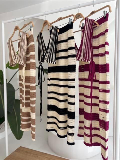 Çizgili Bikini Üst Ve Etek Triko Takım 10110 - 10
