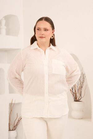 Çizgili Büyük Beden Gömlek Ekru - RMG