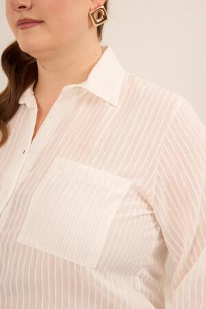 Çizgili Büyük Beden Gömlek Ekru - 3