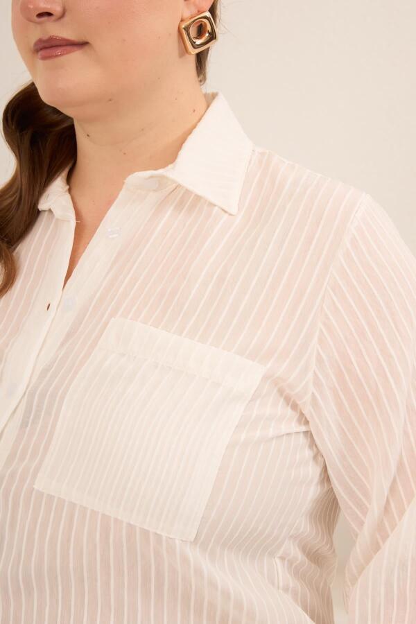 Çizgili Büyük Beden Gömlek Ekru - 3