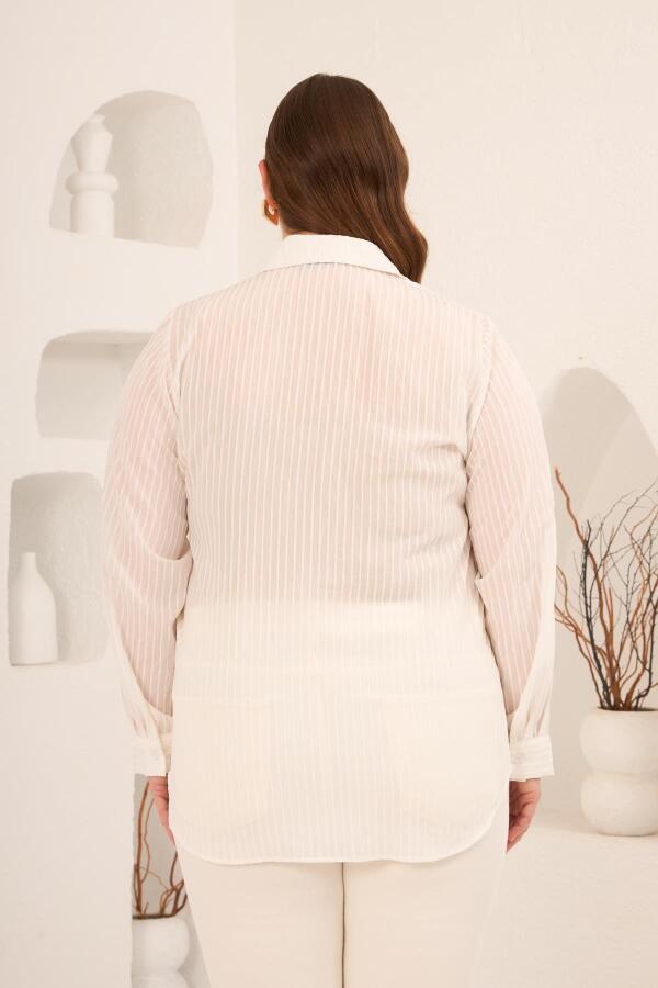 Çizgili Büyük Beden Gömlek Ekru - 4