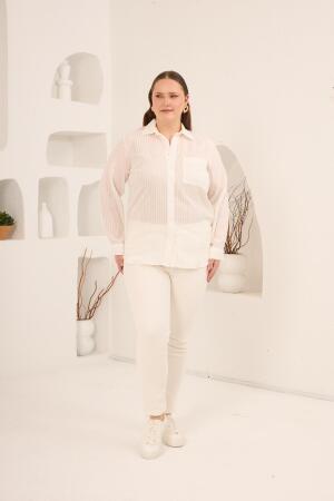 Çizgili Büyük Beden Gömlek Ekru - 5