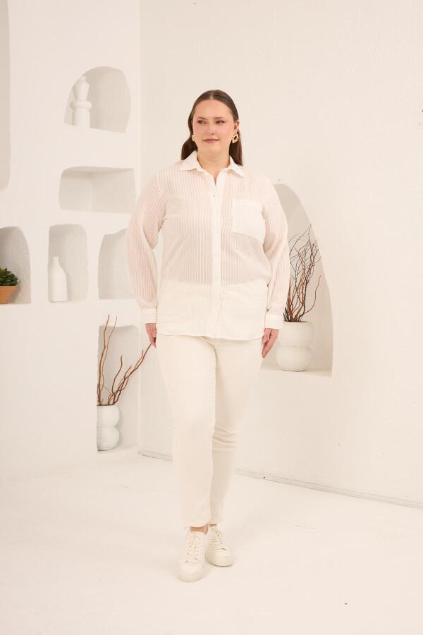 Çizgili Büyük Beden Gömlek Ekru - 5