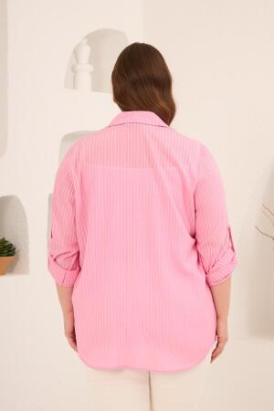 Çizgili Büyük Beden Gömlek Pembe - 4
