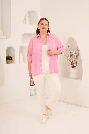 Çizgili Büyük Beden Gömlek Pembe - 5