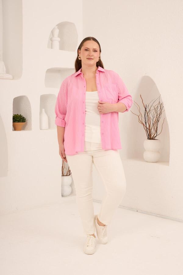 Çizgili Büyük Beden Gömlek Pembe - 5