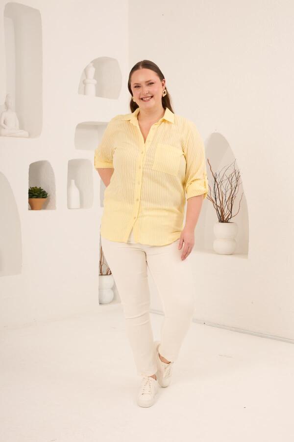 Çizgili Büyük Beden Gömlek Sarı - 5