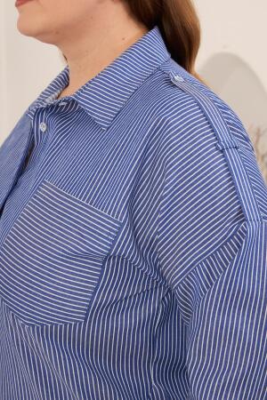 Çizgili Büyük Beden Omuz Apolet Detaylı Gömlek Mavi - RMG (1)
