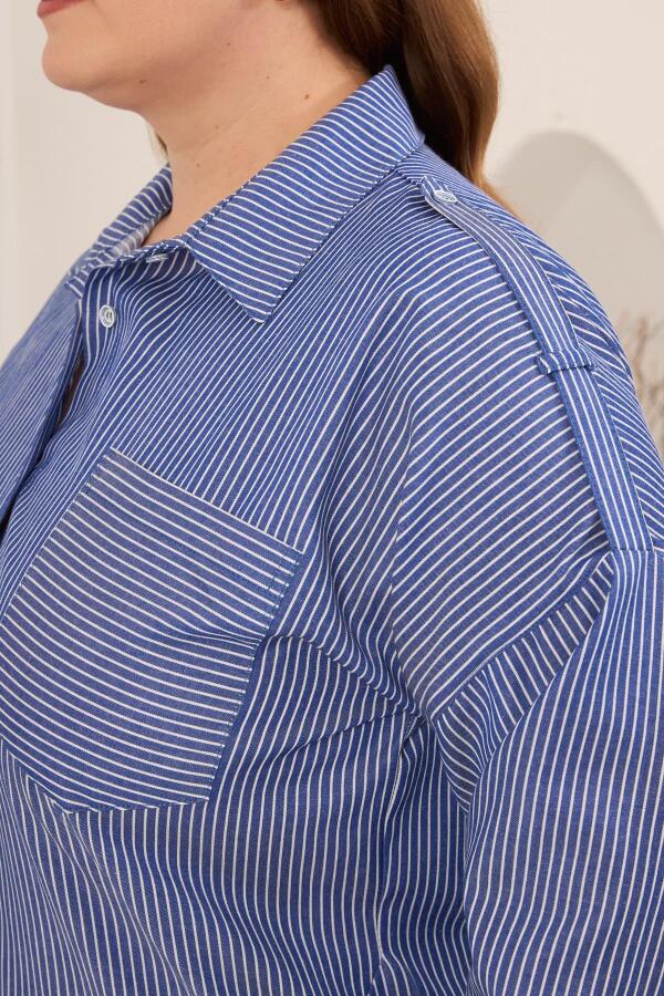 Çizgili Büyük Beden Omuz Apolet Detaylı Gömlek Mavi - 2