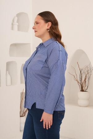Çizgili Büyük Beden Omuz Apolet Detaylı Gömlek Mavi - 3