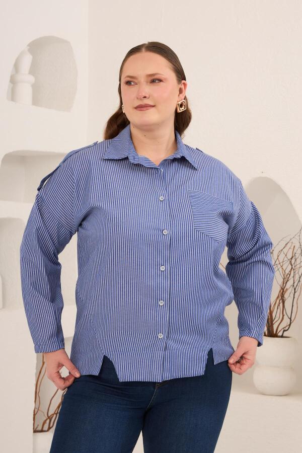 Çizgili Büyük Beden Omuz Apolet Detaylı Gömlek Mavi - 4