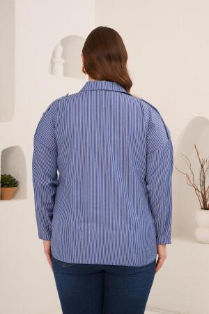 Çizgili Büyük Beden Omuz Apolet Detaylı Gömlek Mavi - 5