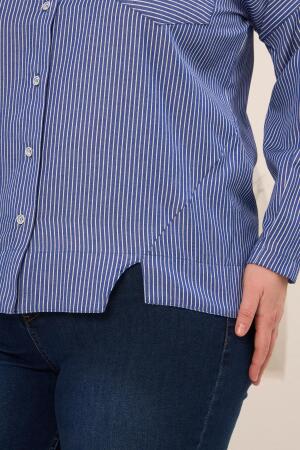 Çizgili Büyük Beden Omuz Apolet Detaylı Gömlek Mavi - 6