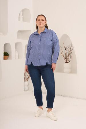 Çizgili Büyük Beden Omuz Apolet Detaylı Gömlek Mavi - 7