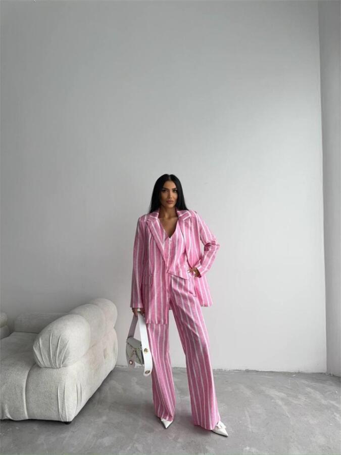 ÇİZGİLİ CEKET KETEN - Pembe - 1