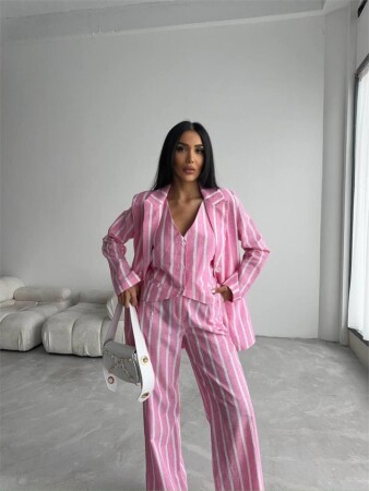 ÇİZGİLİ CEKET KETEN - Pembe - 3
