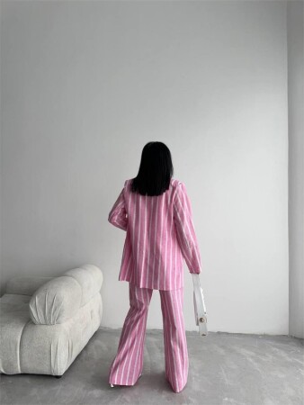 ÇİZGİLİ CEKET KETEN - Pembe - 4