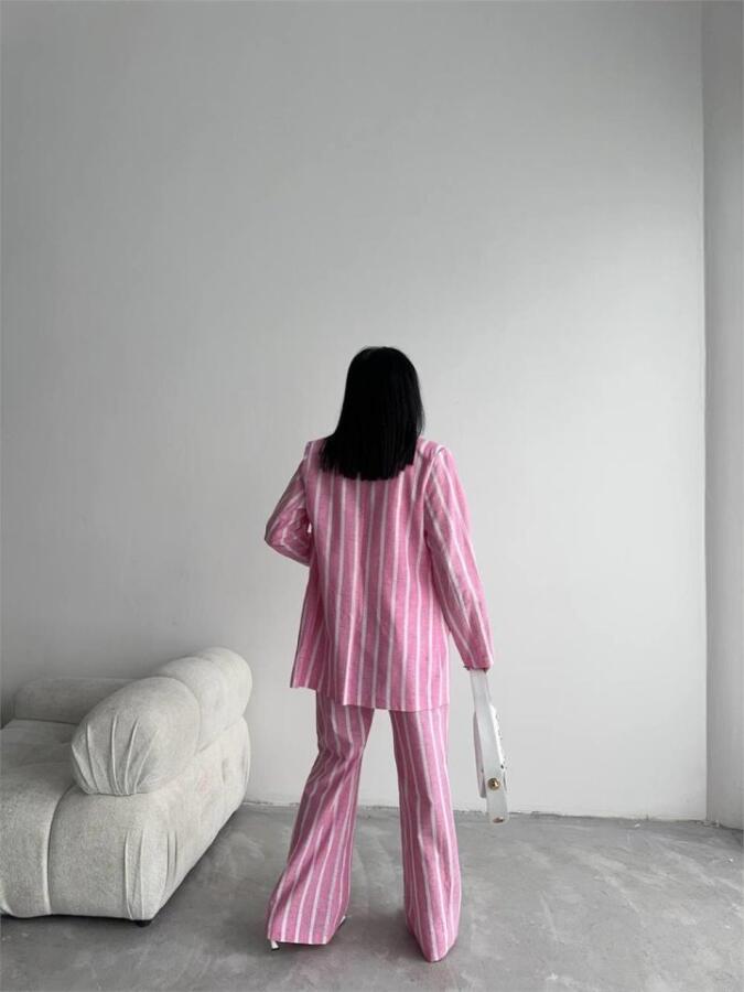 ÇİZGİLİ CEKET KETEN - Pembe - 4