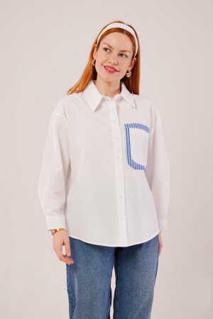 Çizgili Cep Detaylı Beyaz Gömlek - ANGELINO BuyukBedeniz (1)