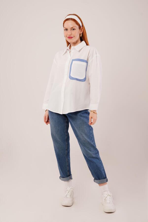 Çizgili Cep Detaylı Beyaz Gömlek - 4
